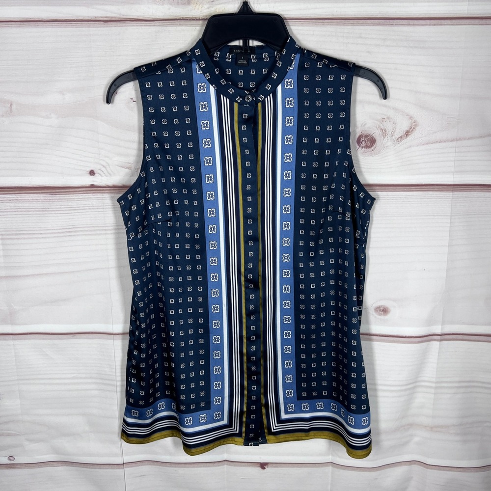 Ann Taylor Sleeveless Top Womens Small Blue Floral Geometric Mock Neck Shell